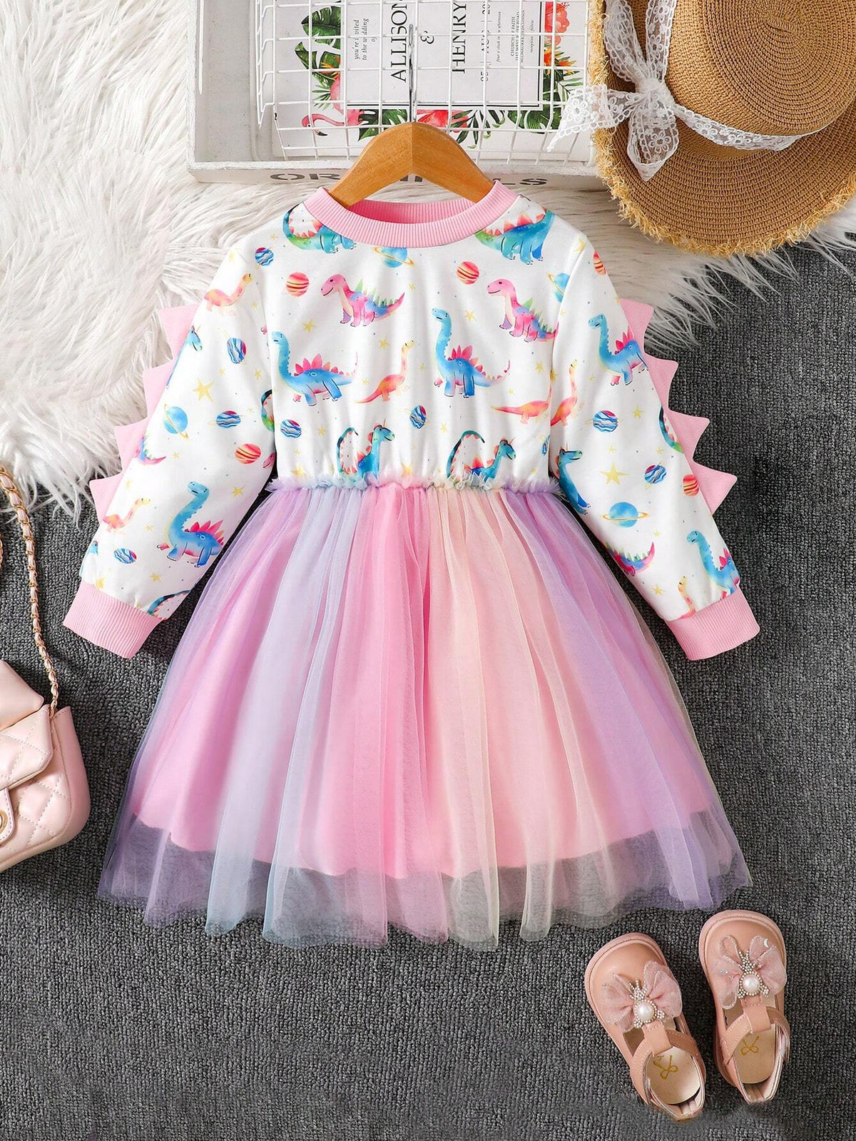 Young Girls Cute Dinosaur Allover Print Long Sleeve Round Neck Dress With Mesh Ruffle Hem, New Autumn Fashion Young Girl Clothing