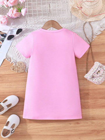 Young Girls' Cute Faux Two-Piece Denim Print Cartoon Cat Pattern Dress For Summer