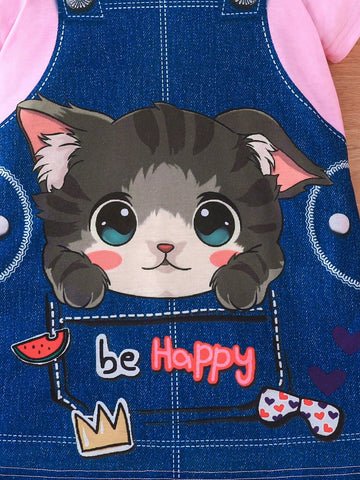 Young Girls' Cute Faux Two-Piece Denim Print Cartoon Cat Pattern Dress For Summer