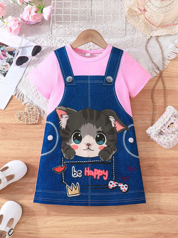 Young Girls' Cute Faux Two-Piece Denim Print Cartoon Cat Pattern Dress For Summer