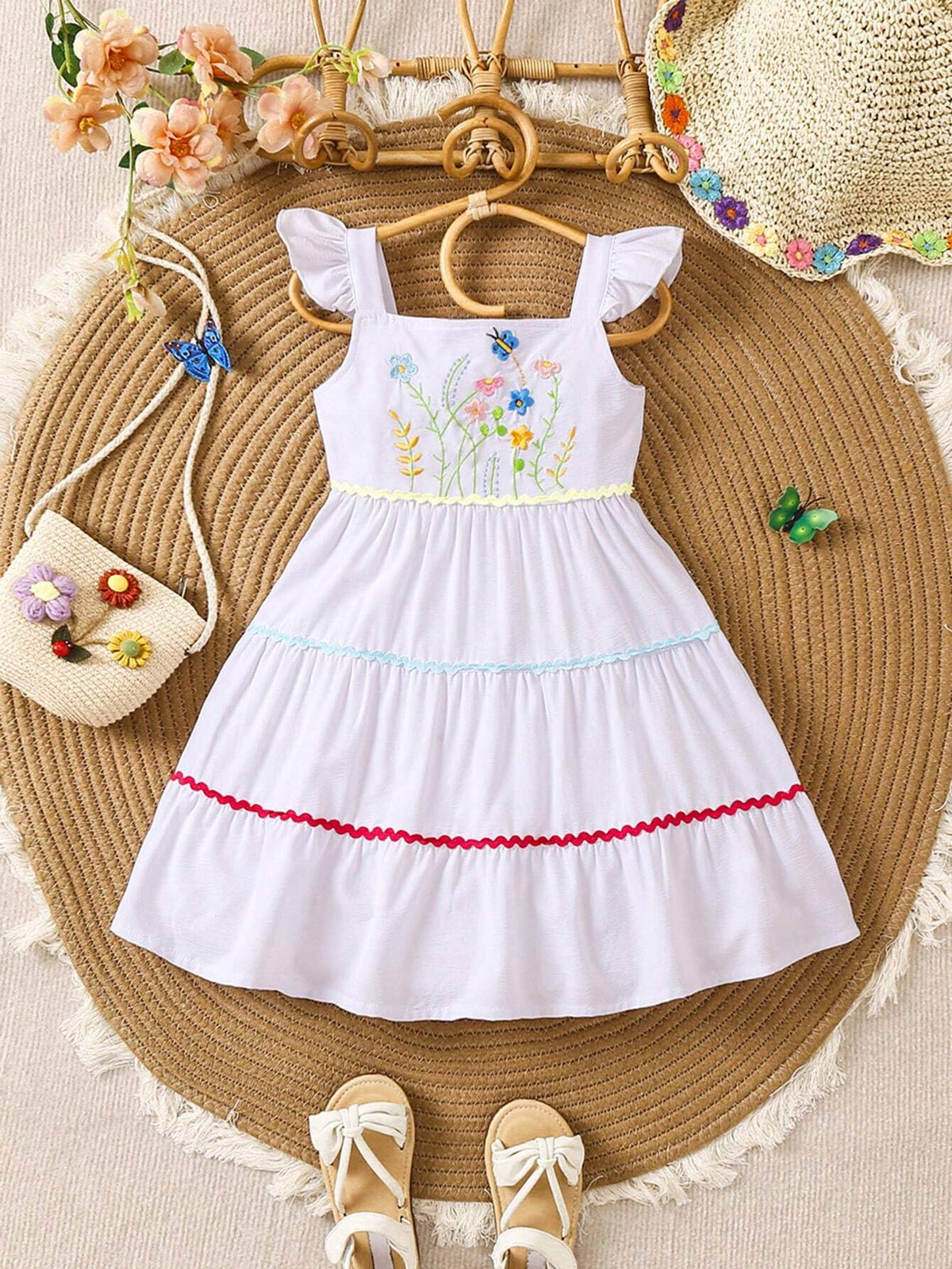 Young Girl's Cute Floral Embroidery Square Neckline Spaghetti Straps Dress For Summer