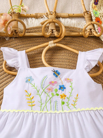 Young Girl's Cute Floral Embroidery Square Neckline Spaghetti Straps Dress For Summer