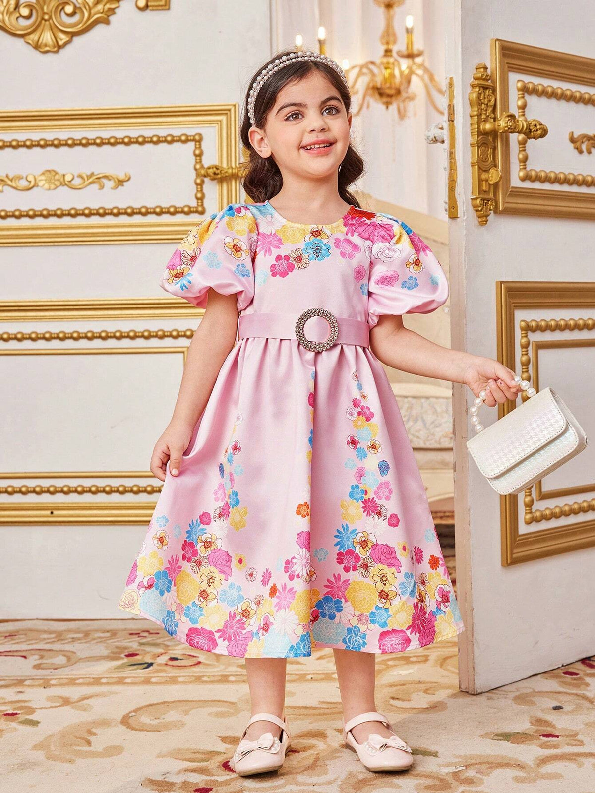 Young Girls' Cute Floral Jacquard Round Neck Short Puff Sleeve Bubble Dress