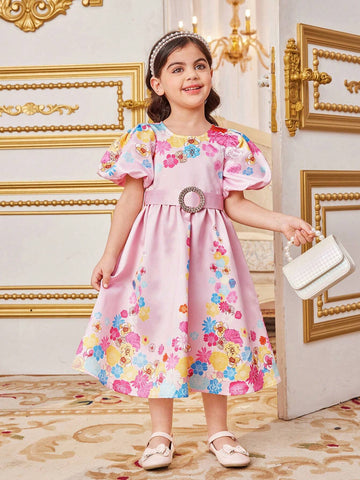 Young Girls' Cute Floral Jacquard Round Neck Short Puff Sleeve Bubble Dress