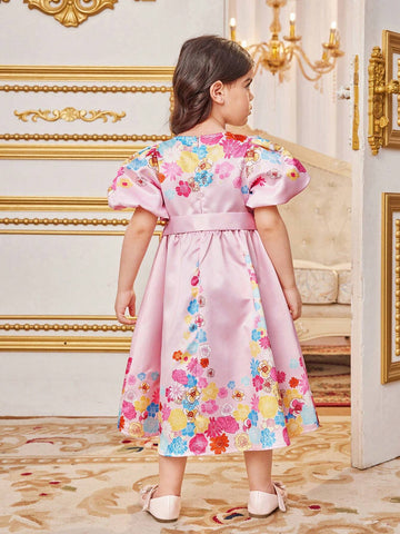 Young Girls' Cute Floral Jacquard Round Neck Short Puff Sleeve Bubble Dress