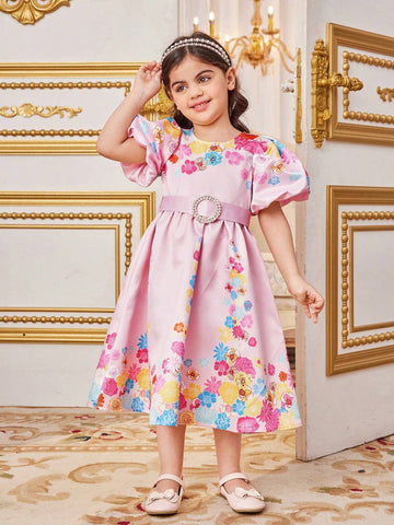 Young Girls' Cute Floral Jacquard Round Neck Short Puff Sleeve Bubble Dress