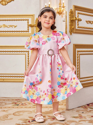 Young Girls' Cute Floral Jacquard Round Neck Short Puff Sleeve Bubble Dress