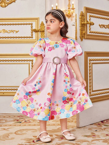 Young Girls' Cute Floral Jacquard Round Neck Short Puff Sleeve Bubble Dress