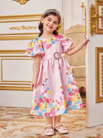 Young Girls' Cute Floral Jacquard Round Neck Short Puff Sleeve Bubble Dress