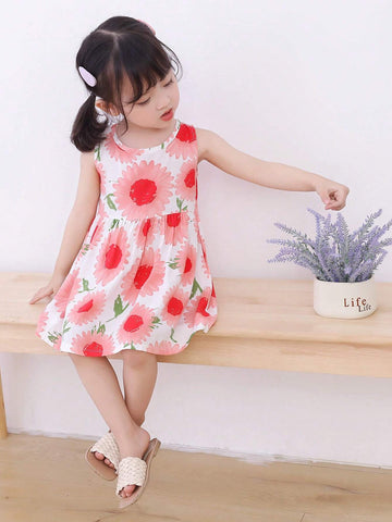 Young Girls' Cute Floral Printed Sleeveless Beach Vacation Dress, Summer