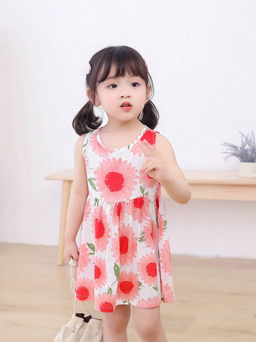 Young Girls' Cute Floral Printed Sleeveless Beach Vacation Dress, Summer