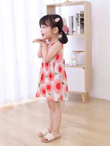 Young Girls' Cute Floral Printed Sleeveless Beach Vacation Dress, Summer