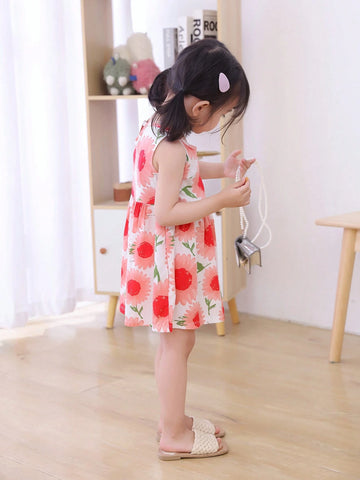 Young Girls' Cute Floral Printed Sleeveless Beach Vacation Dress, Summer