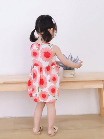 Young Girls' Cute Floral Printed Sleeveless Beach Vacation Dress, Summer