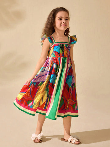 Young Girls' Cute Floral Retro Print Short Cap Sleeve Mid-Length Dress, For Summer