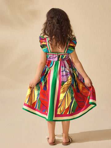 Young Girls' Cute Floral Retro Print Short Cap Sleeve Mid-Length Dress, For Summer