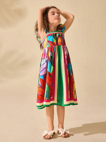 Young Girls' Cute Floral Retro Print Short Cap Sleeve Mid-Length Dress, For Summer