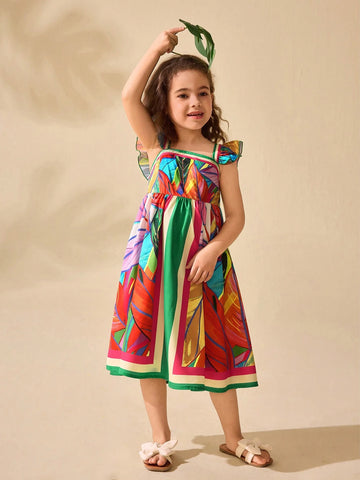 Young Girls' Cute Floral Retro Print Short Cap Sleeve Mid-Length Dress, For Summer