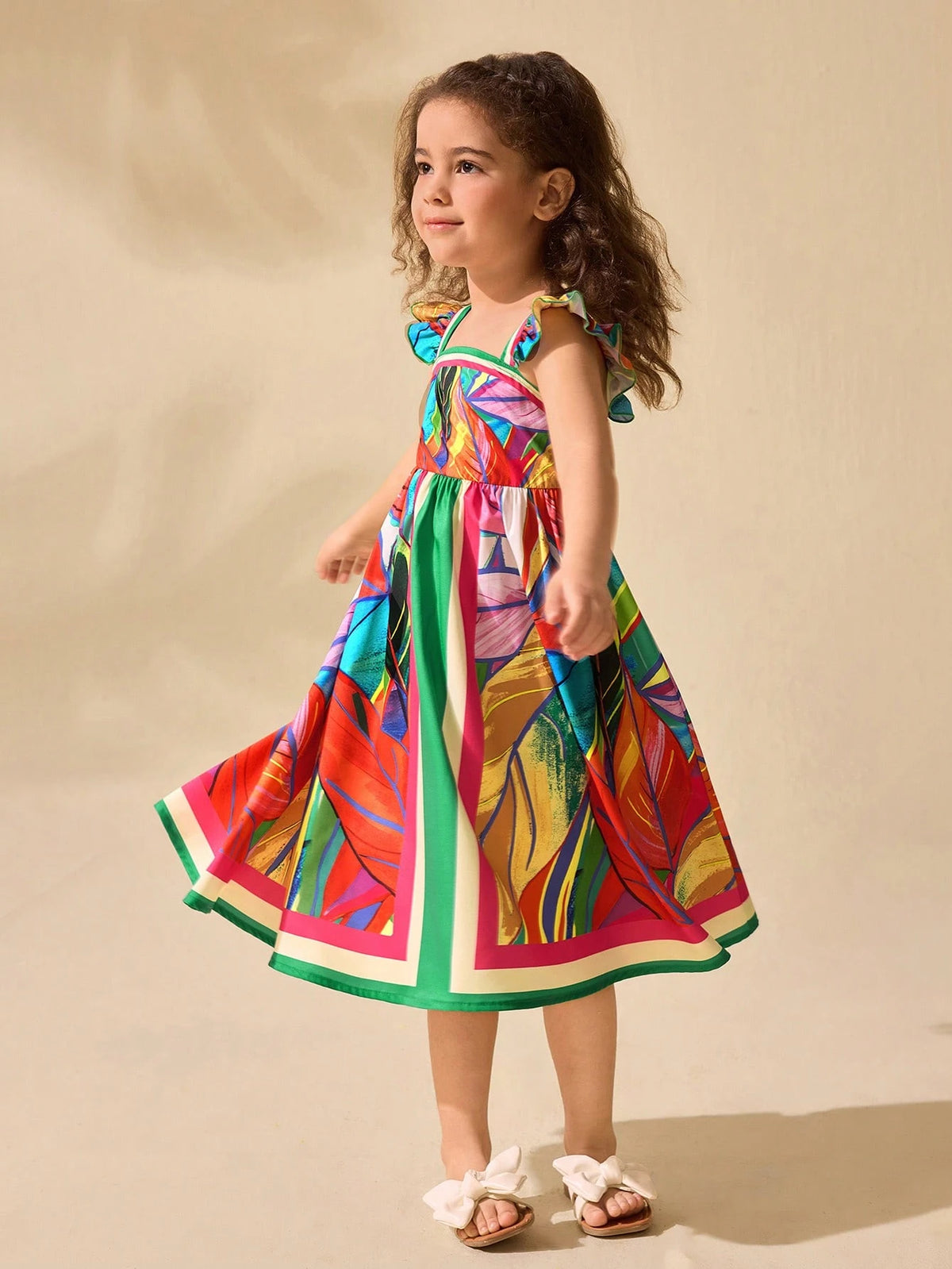 Young Girls' Cute Floral Retro Print Short Cap Sleeve Mid-Length Dress, For Summer