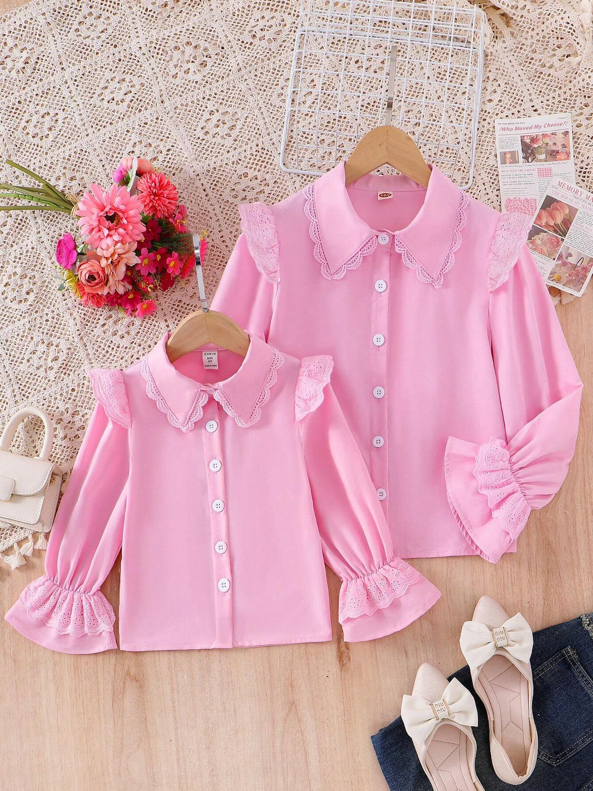 Young Girls Cute Floral Ruffle Vertical Stripe Bell Sleeve Casual Blouse, Autumn