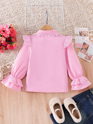 Young Girls Cute Floral Ruffle Vertical Stripe Bell Sleeve Casual Blouse, Autumn