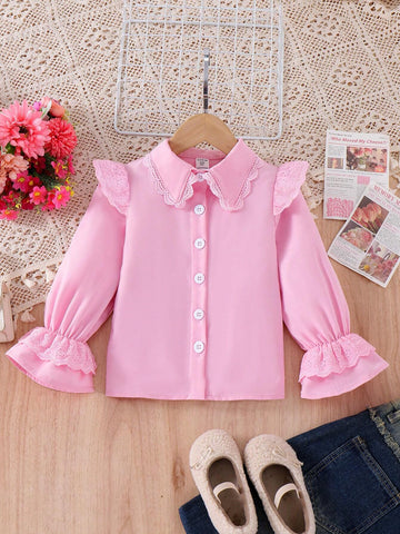 Young Girls Cute Floral Ruffle Vertical Stripe Bell Sleeve Casual Blouse, Autumn