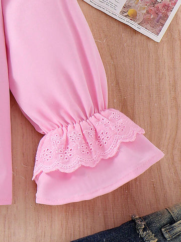 Young Girls Cute Floral Ruffle Vertical Stripe Bell Sleeve Casual Blouse, Autumn