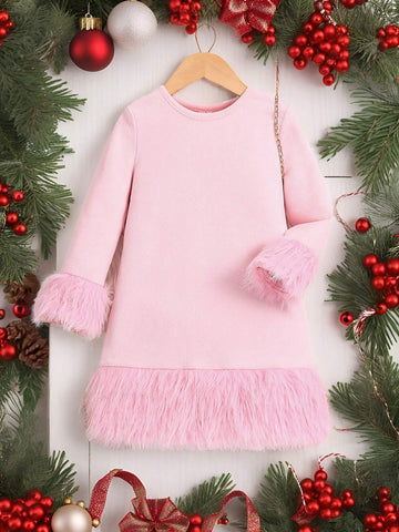 Young Girls' Cute Fuzzy Trim Hem Patchwork Knitted Solid Color Fitted Dress , Cool Girl's Summer / Fall Must-Have, Versatile Dress
