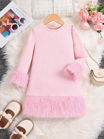 Young Girls' Cute Fuzzy Trim Hem Patchwork Knitted Solid Color Fitted Dress , Cool Girl's Summer / Fall Must-Have, Versatile Dress