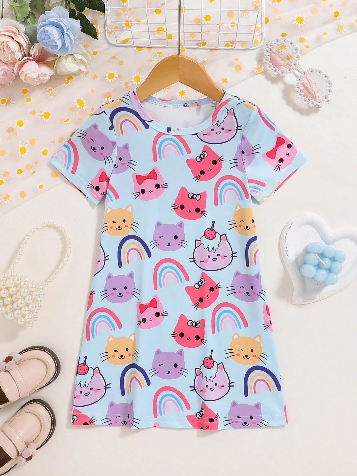Young Girls Cute Kitty Print Round Neck Short Sleeve Casual Dress, Suitable For Summer