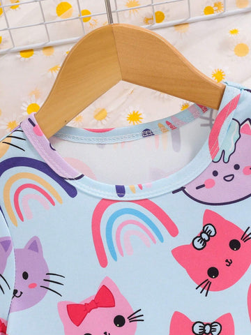 Young Girls Cute Kitty Print Round Neck Short Sleeve Casual Dress, Suitable For Summer