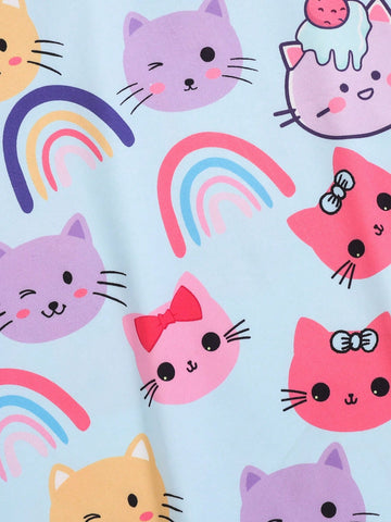 Young Girls Cute Kitty Print Round Neck Short Sleeve Casual Dress, Suitable For Summer