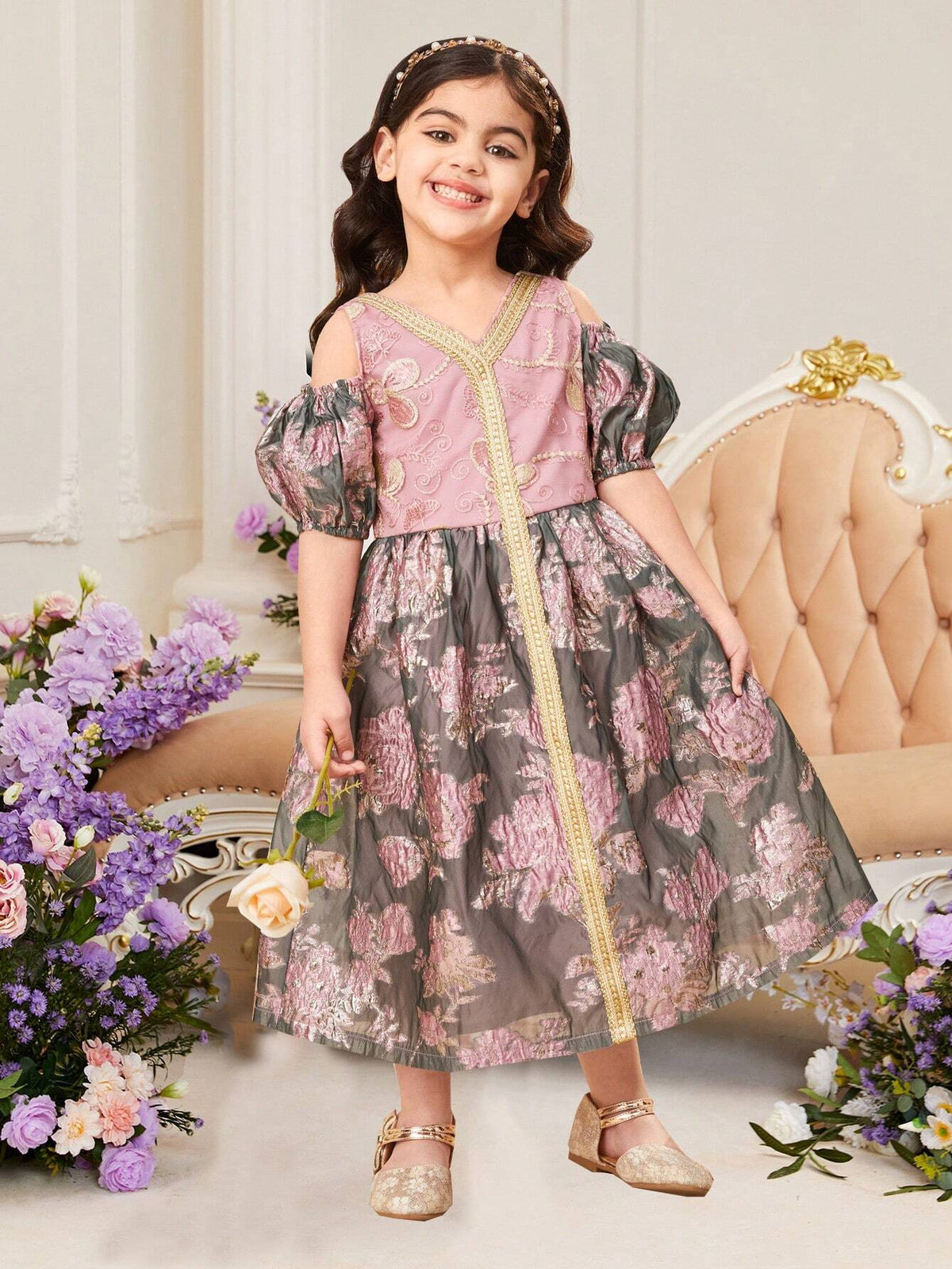 Young Girls' Cute Off-The-Shoulder V-Neck Jacquard Dress With Woven Stripe Detail