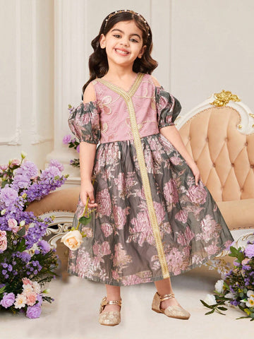 Young Girls' Cute Off-The-Shoulder V-Neck Jacquard Dress With Woven Stripe Detail