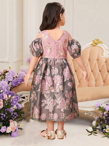 Young Girls' Cute Off-The-Shoulder V-Neck Jacquard Dress With Woven Stripe Detail