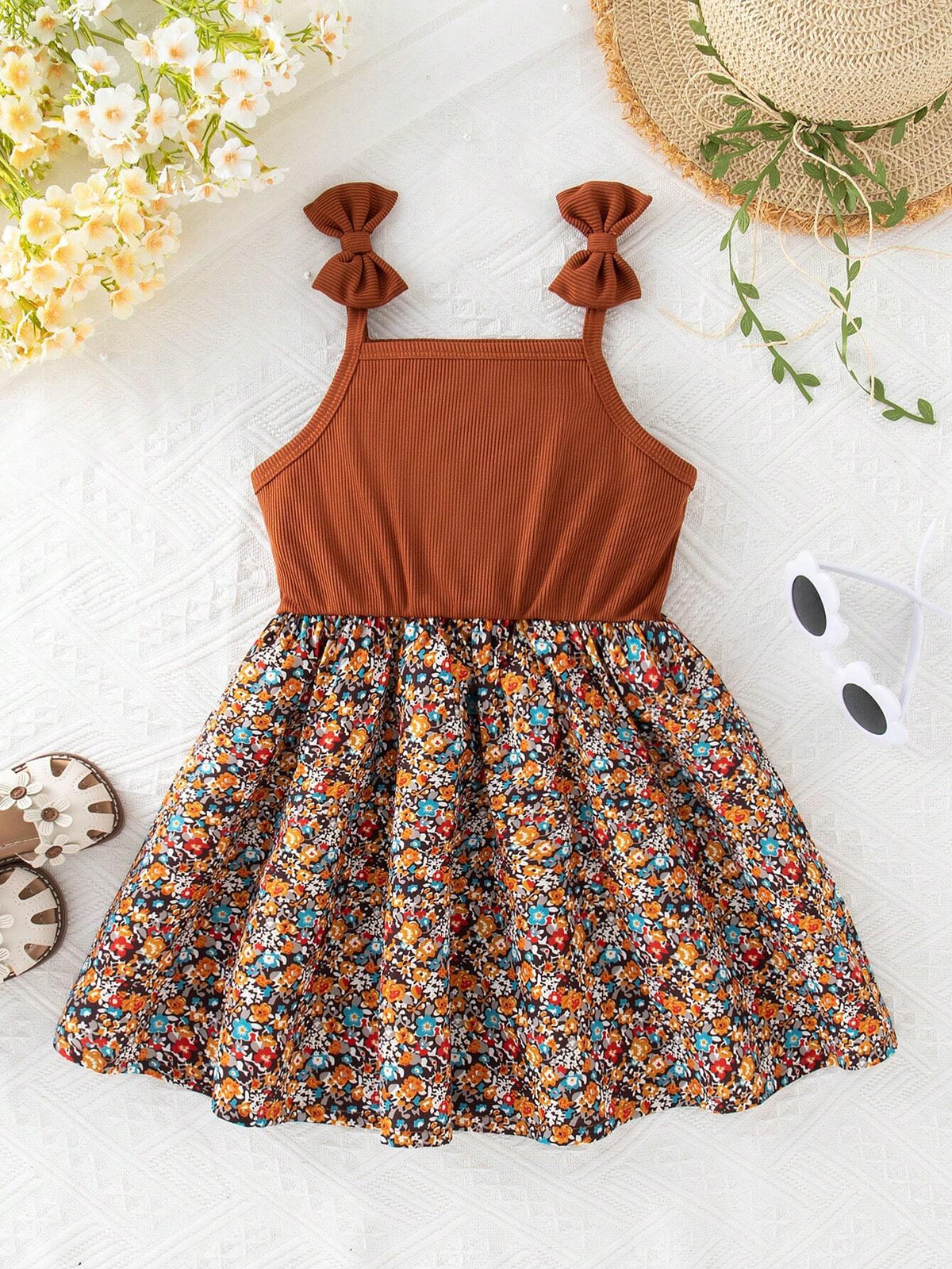 Young Girls' Cute Ribbed Bowknot Patchwork Dress