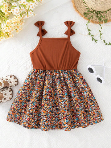 Young Girls' Cute Ribbed Bowknot Patchwork Dress