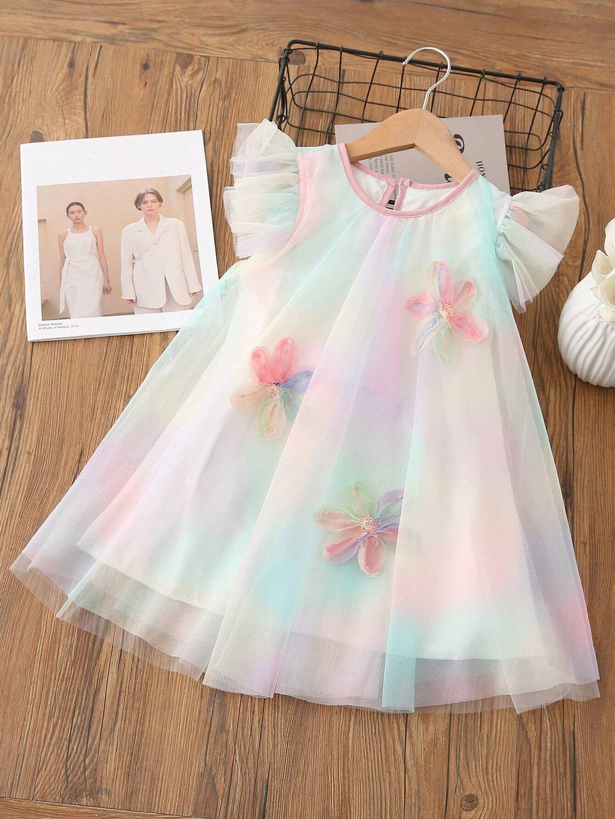 Young Girls' Cute Round Neck Tie-Dye Print Mesh Spliced Dress For Summer