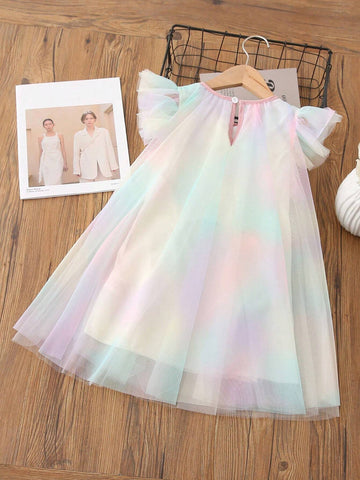 Young Girls' Cute Round Neck Tie-Dye Print Mesh Spliced Dress For Summer