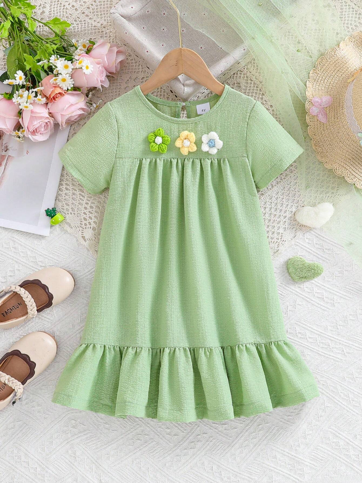 Young Girl's Cute Short Sleeve Dress With 3D Floral Lace Trim