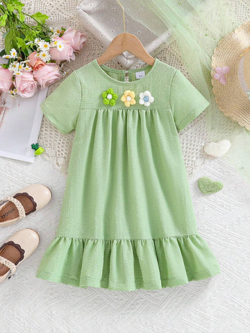 Young Girl's Cute Short Sleeve Dress With 3D Floral Lace Trim