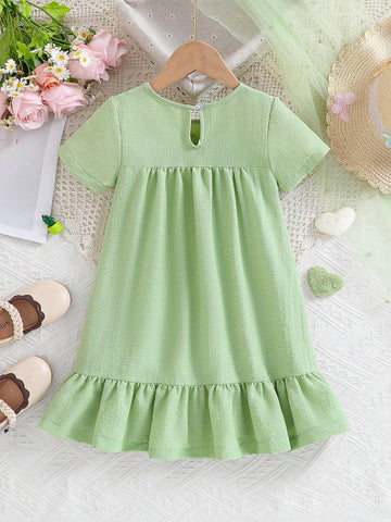 Young Girl's Cute Short Sleeve Dress With 3D Floral Lace Trim