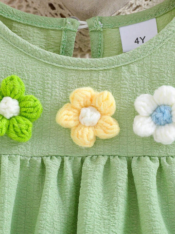 Young Girl's Cute Short Sleeve Dress With 3D Floral Lace Trim