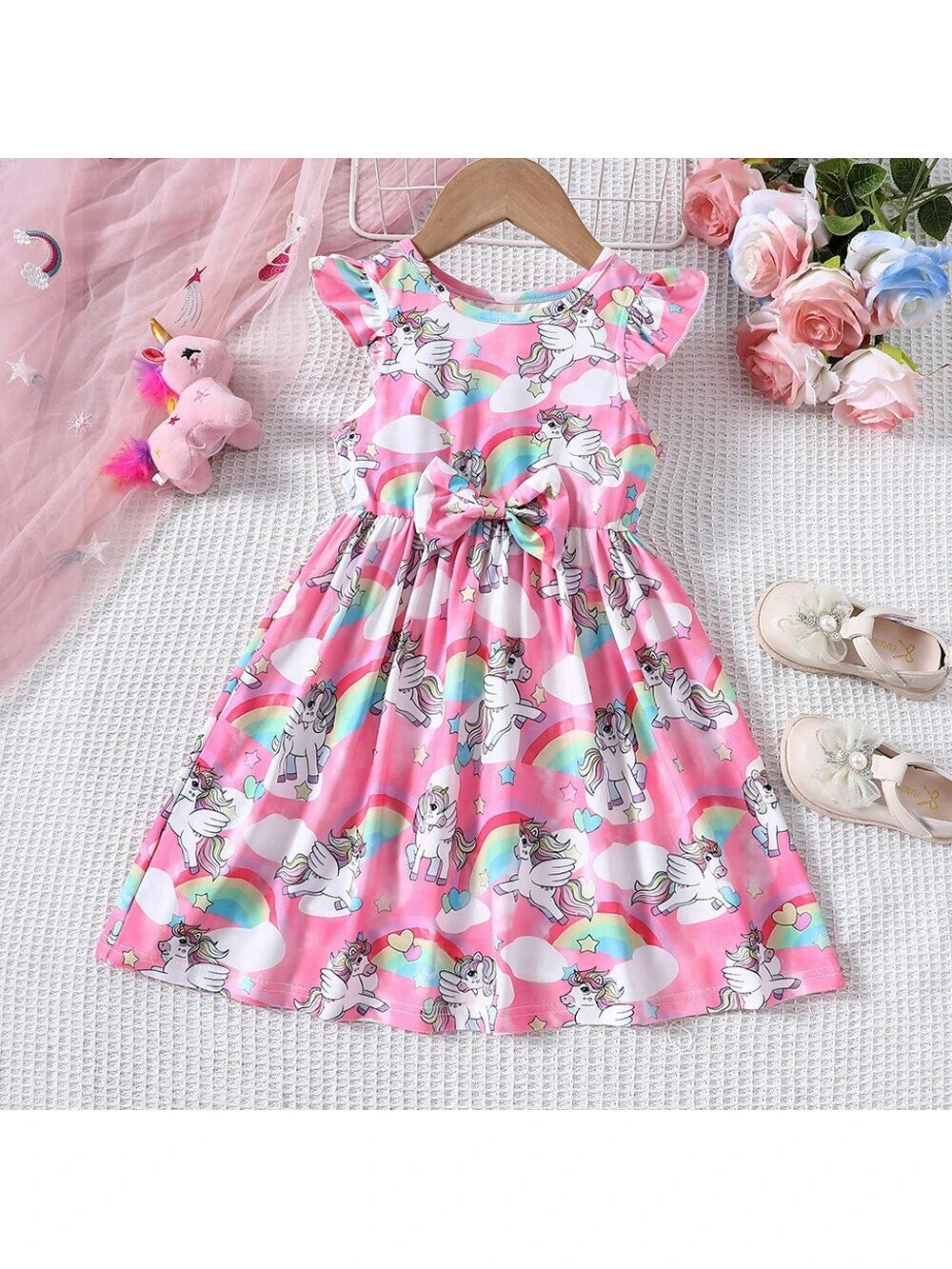 Young Girls' Cute Short Sleeve Unicorn Rainbow Printed Dress For Summer
