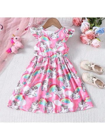 Young Girls' Cute Short Sleeve Unicorn Rainbow Printed Dress For Summer