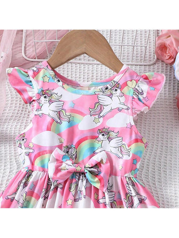 Young Girls' Cute Short Sleeve Unicorn Rainbow Printed Dress For Summer