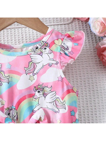 Young Girls' Cute Short Sleeve Unicorn Rainbow Printed Dress For Summer