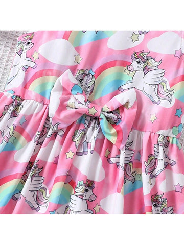 Young Girls' Cute Short Sleeve Unicorn Rainbow Printed Dress For Summer