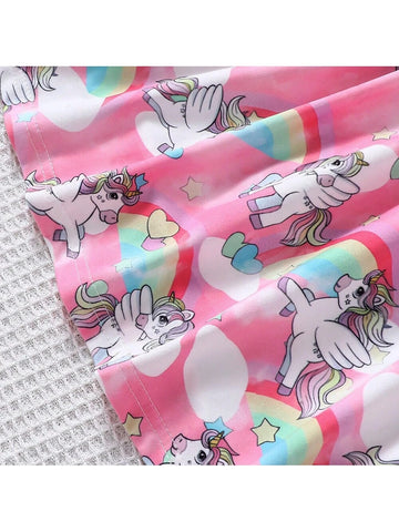 Young Girls' Cute Short Sleeve Unicorn Rainbow Printed Dress For Summer