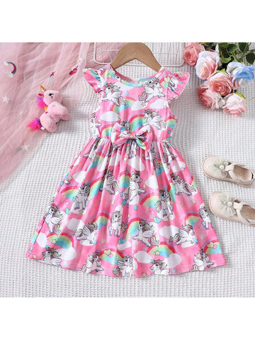 Young Girls' Cute Short Sleeve Unicorn Rainbow Printed Dress For Summer